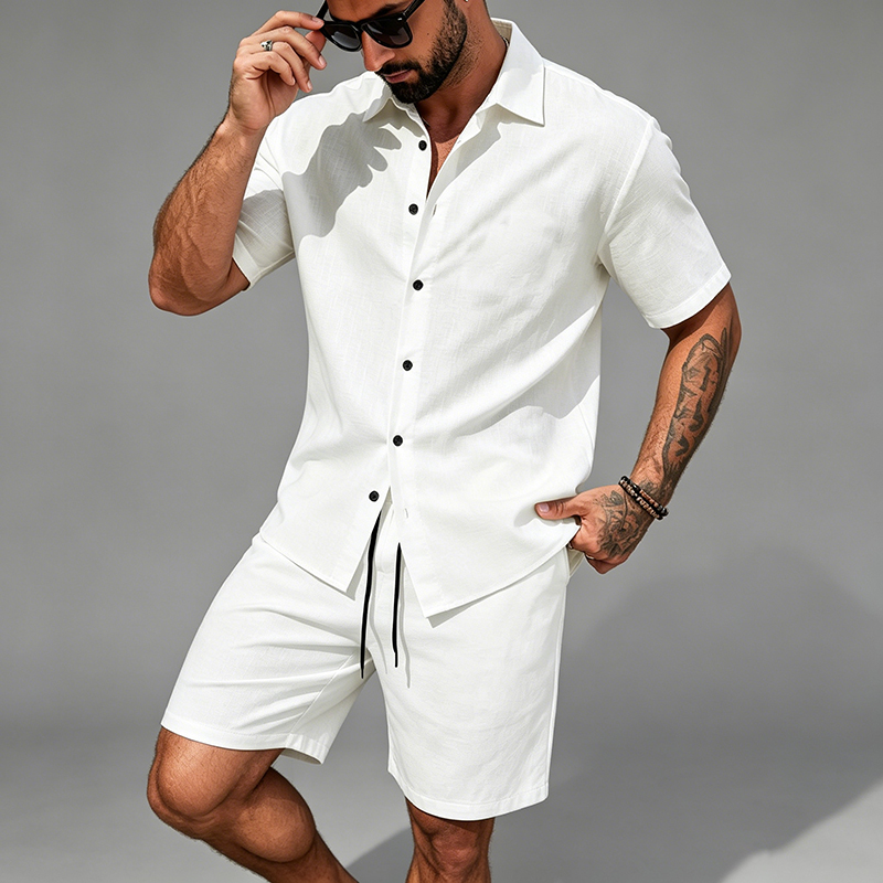 Short Linen Drawstring - Men Linen Two Piece Outfit Short