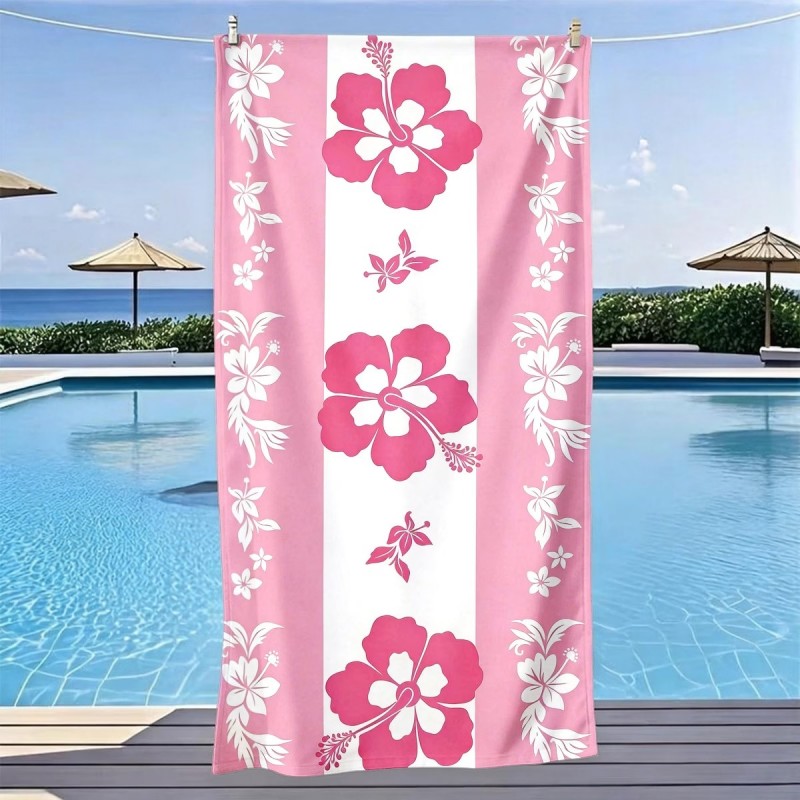 Beach Towel Large - Large Pink Hibiscus Print Beach Towel