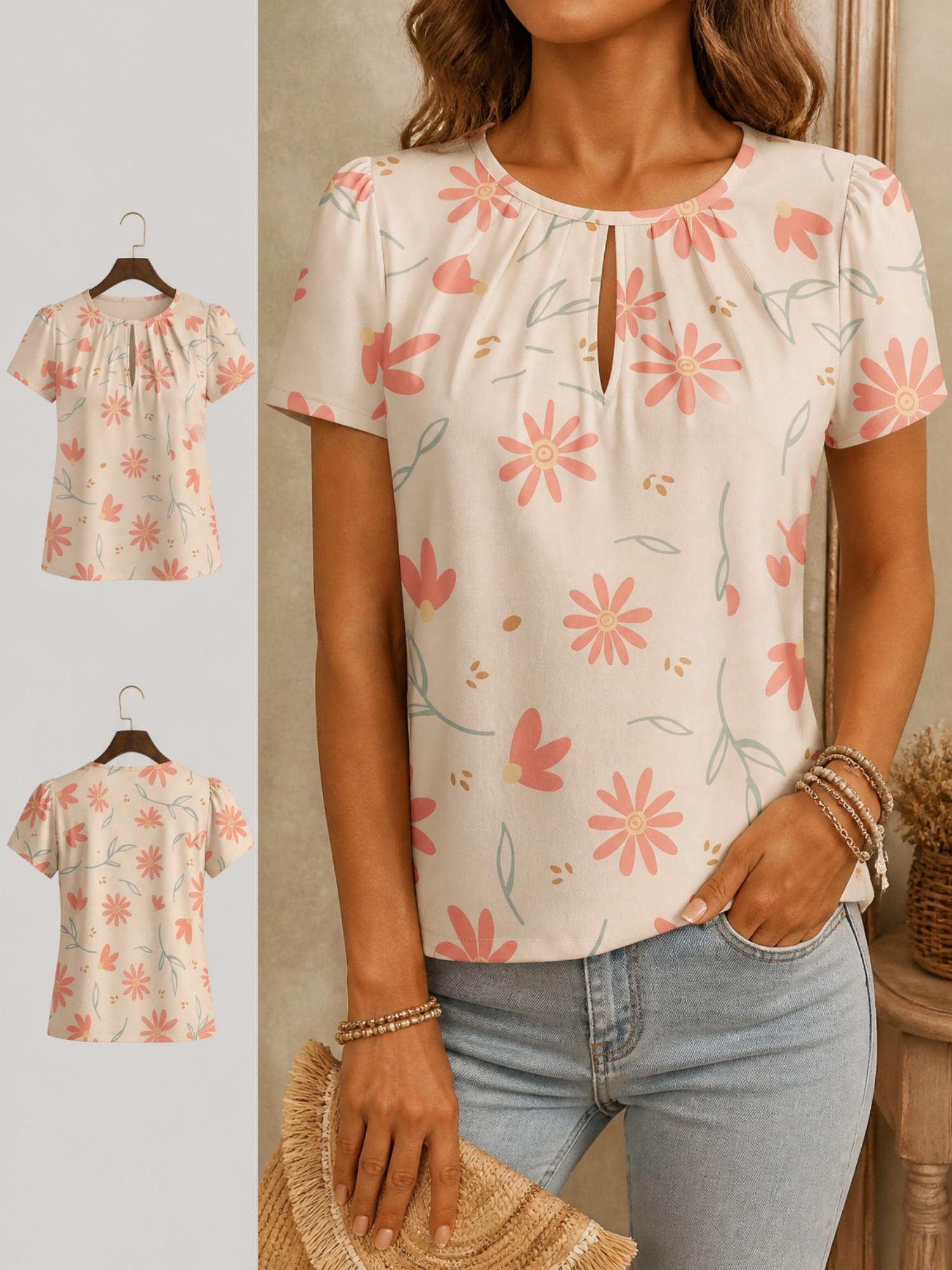 2026 New Women's Round Neck El - Resort Shirt Floral incelemesi ve fiyatı