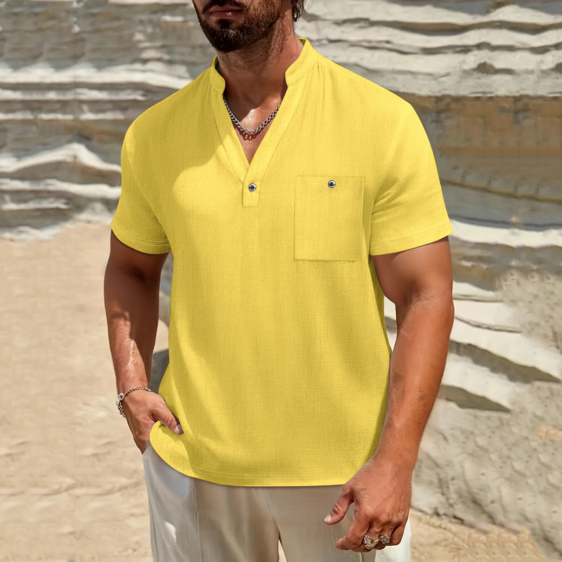 Men's Cotton Linen Henley Shir - Linen Shirt Breathable incelemesi ve fiyatı
