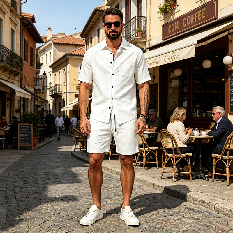 Men Linen Two Piece Outfit Sho - Short Linen Drawstring incelemesi ve fiyatı