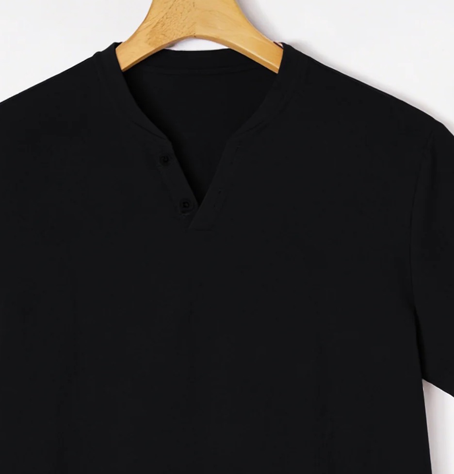 Elegant Black Henley Short-Sle - Linen Shirt Breathable incelemesi ve fiyatı