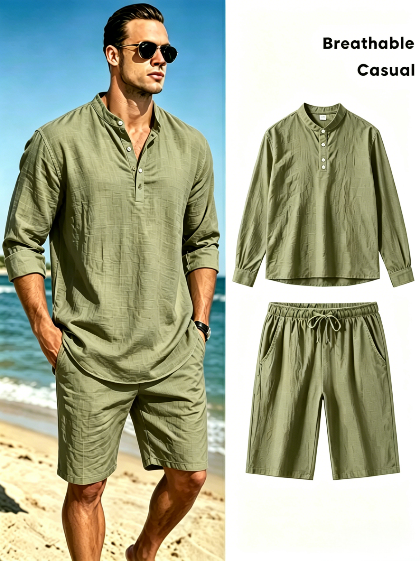 Men's Cotton Linen Henley Shir - Linen Shirt Breathable incelemesi ve fiyatı