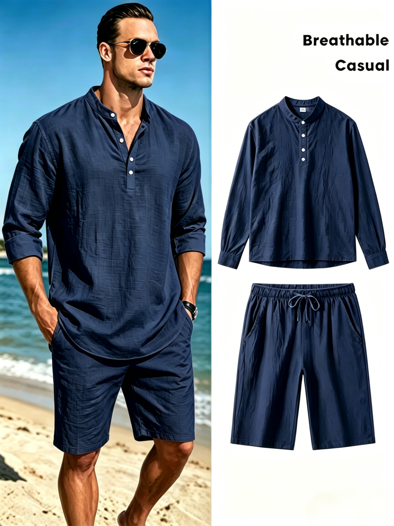 Men's Cotton Linen Henley Shir - Linen Shirt Breathable incelemesi ve fiyatı