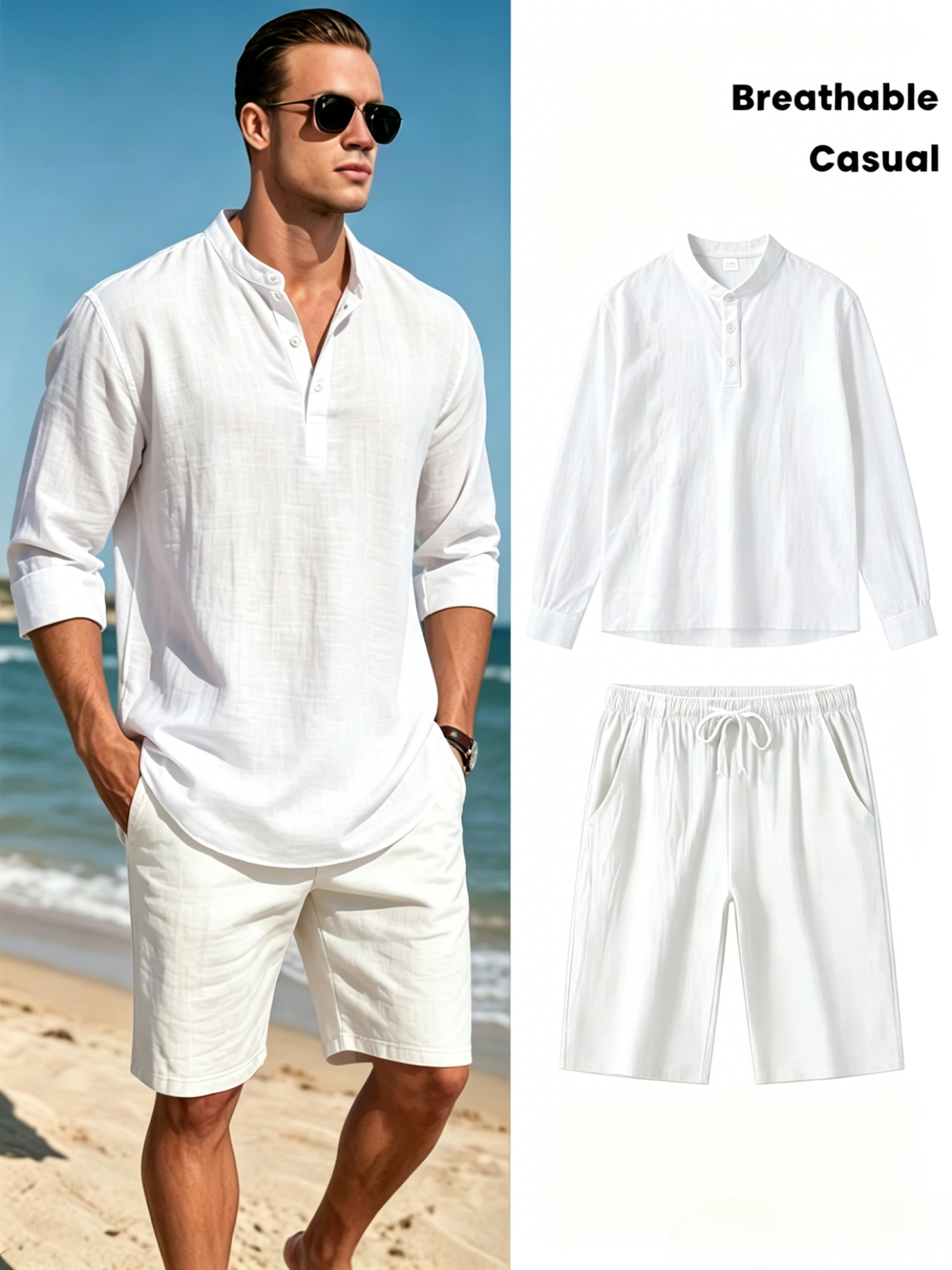 Men's Cotton Linen Henley Shir - Linen Shirt Breathable incelemesi ve fiyatı