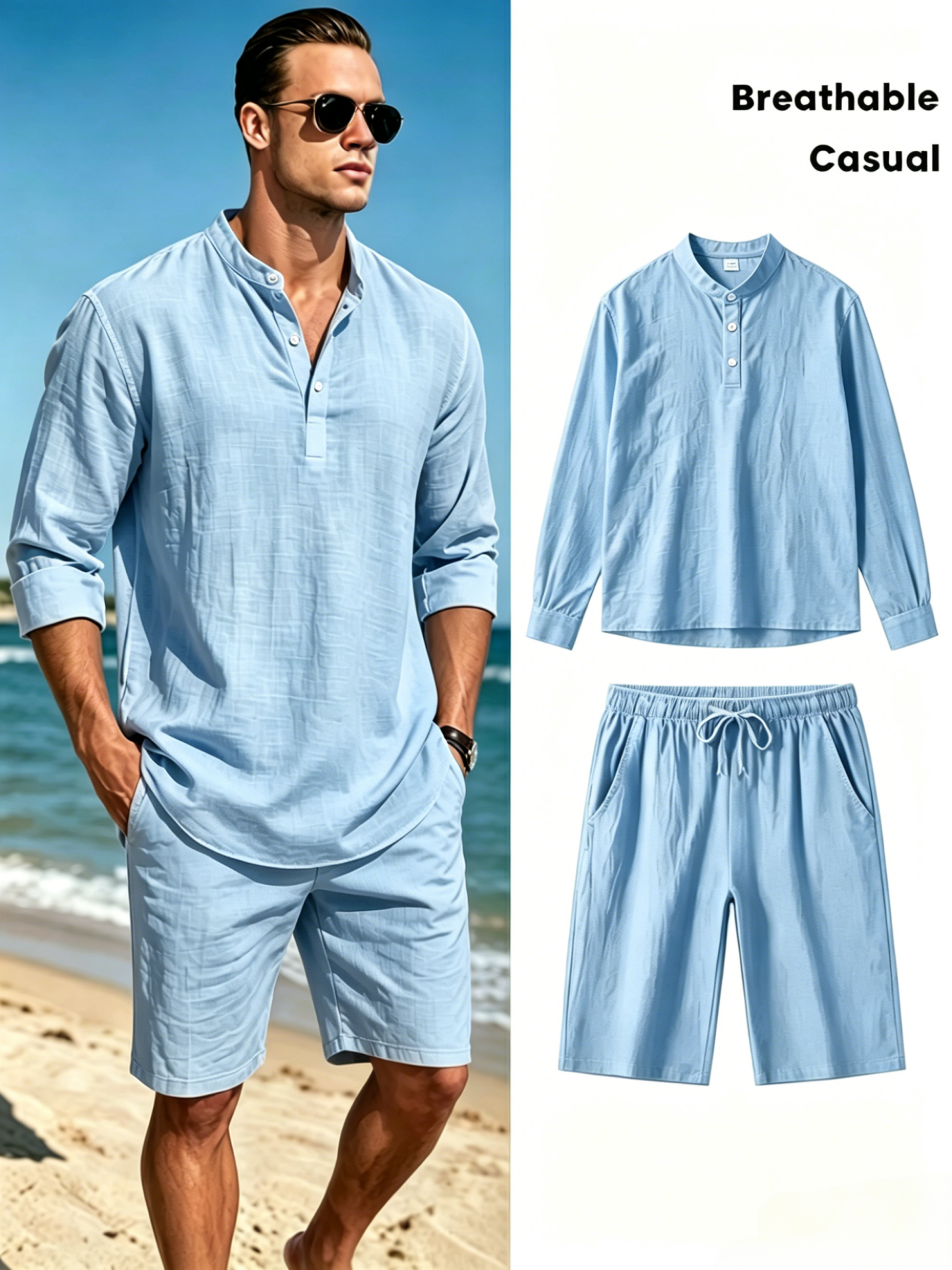 Men's Cotton Linen Henley Shir - Linen Shirt Breathable incelemesi ve fiyatı