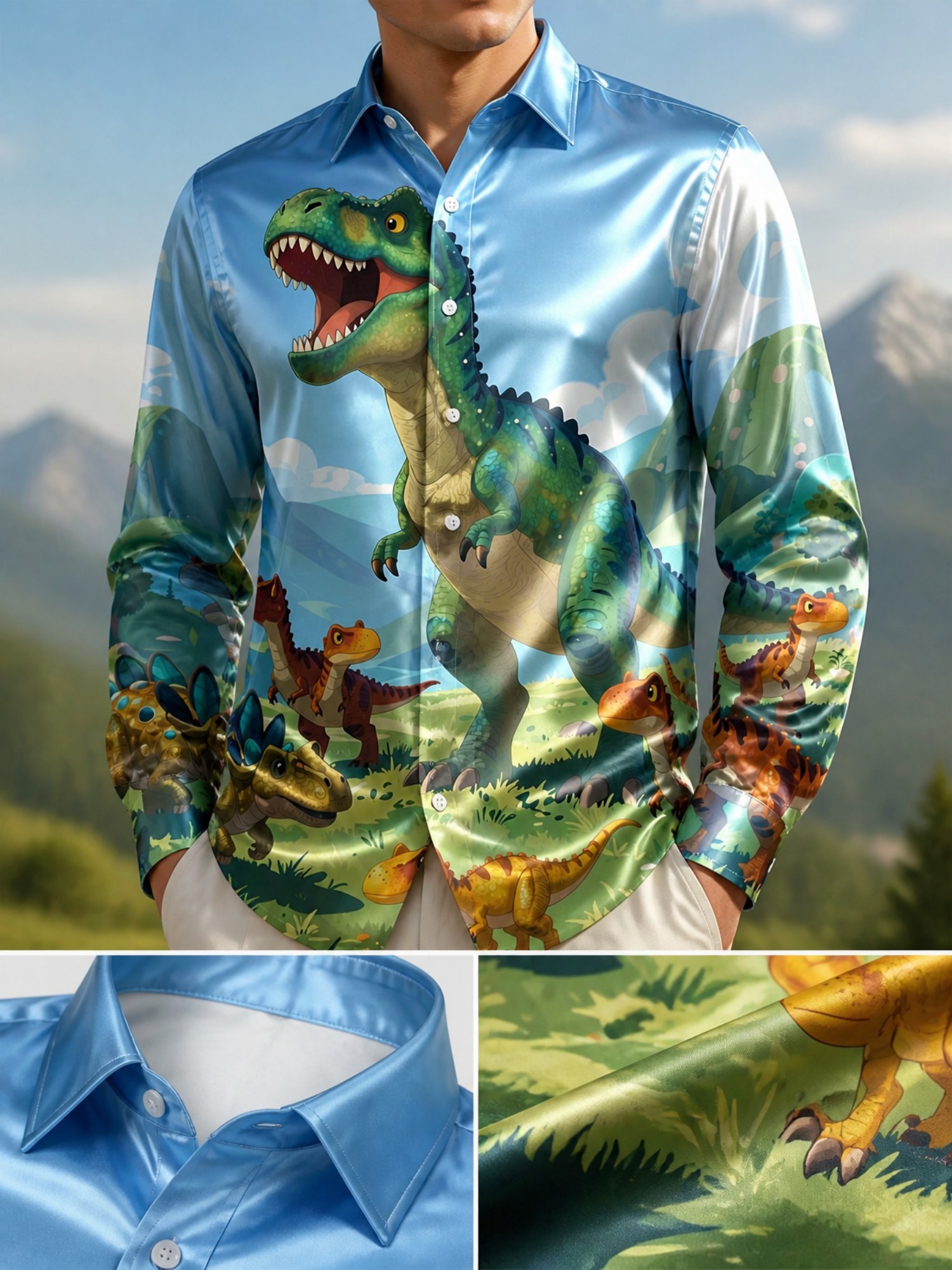 Mens Fashion Satin Long Sleeve - Resort Shirt Floral incelemesi ve fiyatı