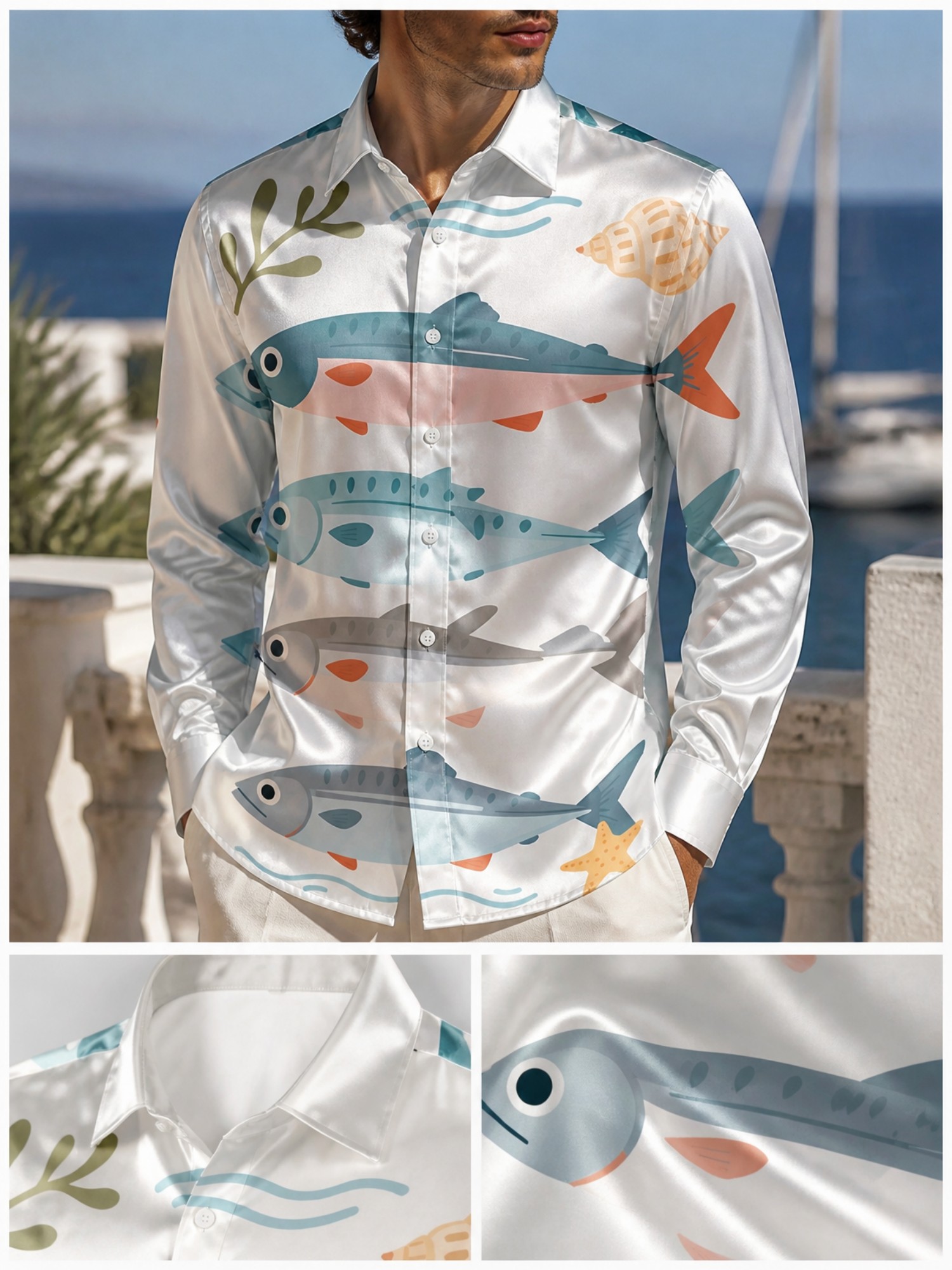 Mens Luxury Satin Long Sleeve  - Resort Shirt Floral incelemesi ve fiyatı